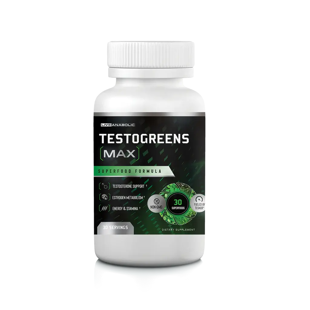 TestoGreens Max 6-ingredient testosterone support supplement bottle &mdash; testosterone receptor formula